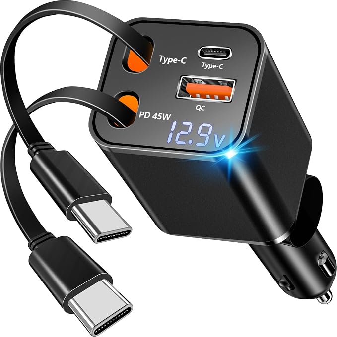 [Apple MFi Certified] Retractable Car Charger, Linocell 120W USB C Car Charger Car Accessories Adapter 4 in 1 PD/QC Type C Fast Charge Car Phone Charger for iPhone 17/17 Pro/16/15/Galaxy S26/S25/Pixel