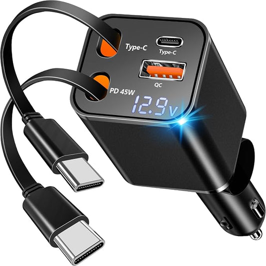 [Apple MFi Certified] Retractable Car Charger, Linocell 120W USB C Car Charger Car Accessories Adapter 4 in 1 PD/QC Type C Fast Charge Car Phone Charger for iPhone 17/17 Pro/16/15/Galaxy S26/S25/Pixel