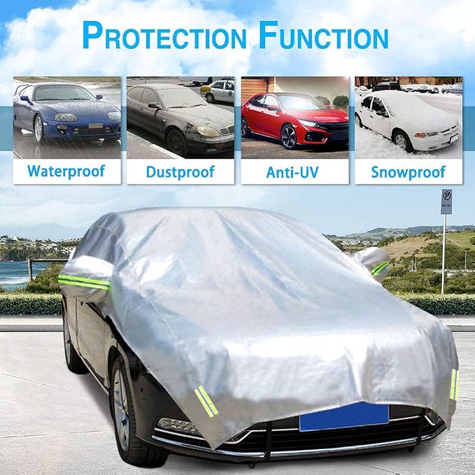 Half Car Cover All Weather Car Body Cover Sunshade Cover Snow Cover Waterproof Snowproof Universal 210D Oxford Fabric (Fit MPV/SUV Length 185'' to 195'')