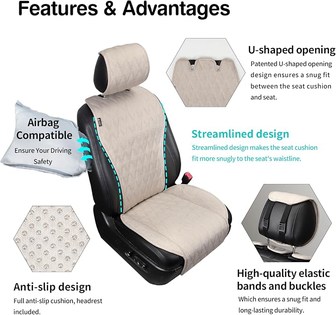 Leader Accessories 2pcs Sideless Front Seat Covers for All Seasons, Beige | Breathable Faux Linen Seat Cushions, Non-Slip Bottom With Headrest Protectors, Universal Fit For Car Van SUV Pickup Truck
