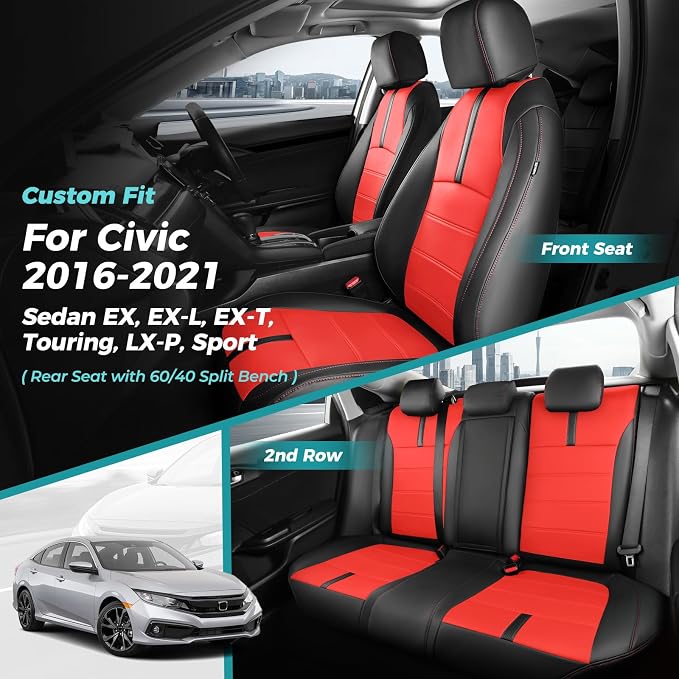 Seat Covers for Honda Civic Sedan EX-L, EX-T, EX, Touring, Sport 2016-2021, Faux Leather Car Seats Cover Full Set Waterproof Black Red (60/40 Split Seatback-with Rear Armrest)