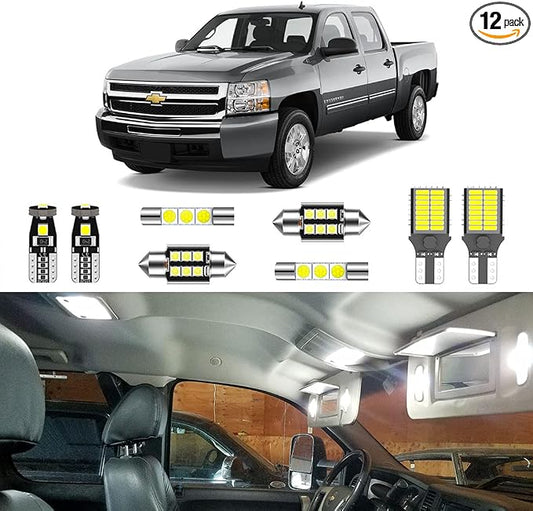 12PCS Super Bright White LED Interior Light Kit Package for Chevrolet Silverado/GMC Sierra 2007 2008 2009 2010 2011 2012 2013 + Cargo Lights + License Plate Lights and Install Tool