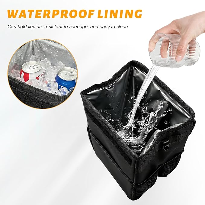 Car Trash Can with Lid, Multipurpose Collapsible Auto Garbage Bin with 3 Storage Pockets, Waterproof Leakproof Oxford Cloth Organizer Hanging Portable Trash Bin for Most Vehicles (Black)