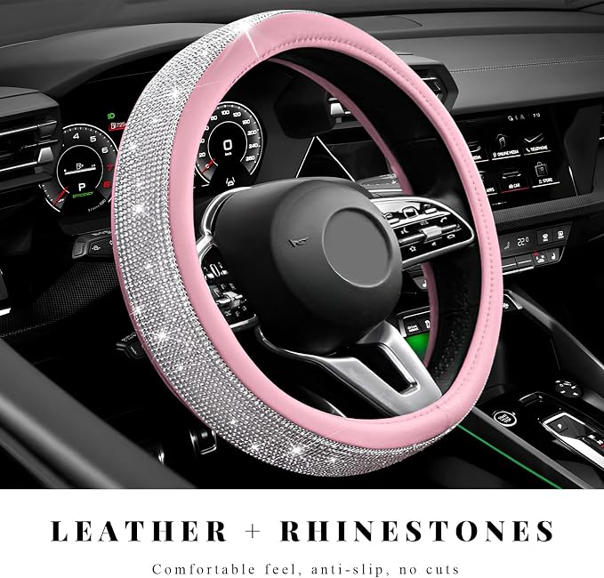 Diamond Leather Steering Wheel Cover, 15 Inch Bling Crystal Rhinestone Anti-Slip Wheel Protector, Universal Sparkling Elegant Diamond Steering Wheels Cover for Women Girl (White&Pink)