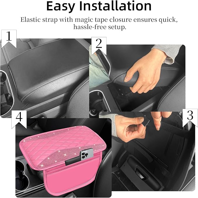 NBTEPEM Bling Pink Car Center Console Cover, Leather Middle Console Cover with 2 Storage Bags, Universal Arm Rest Cover Protector, Bling Car Accessories Interior Fit for Most Vehicles, Pink Leather
