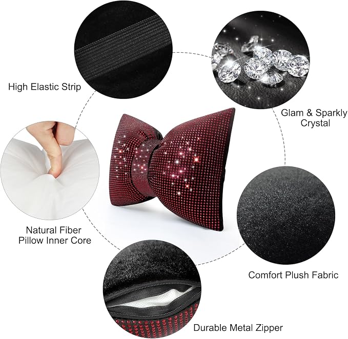 surpassme 2PCS Rhinestone Car Headrest Neck Pillow for Driving with Bling Bling Crystal Bow Pillow Car Accessories for Women (Red)