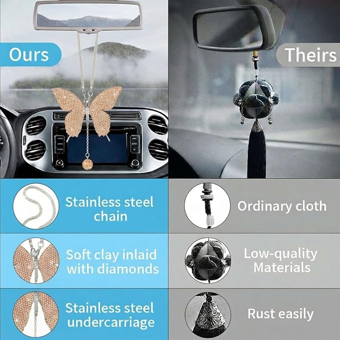 JOYCOURT Bling Butterfly Diamond Car Hanging Accessories for Women, Peach | Crystal Butterfly Rear View Mirror Luck Car Decoration Accessories, Valentine's Day Presents Ornament Pendant for All Cars
