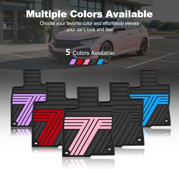 Rubber Floor Mats for Honda Civic Sedan 2016-2021 | All Weather Heavy Duty Car Mats Also Fit for Hatchback 2017-2021 & Coupe 2016-2020, 1st & 2nd Row, Black & Pink