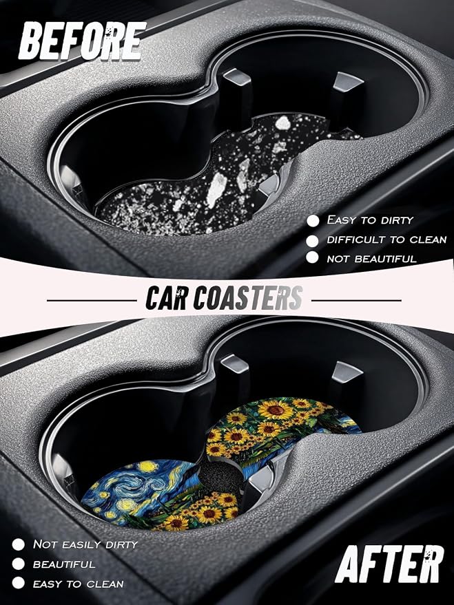 Car Cup Coasters,2 Pack Car Coaster,2.75inch Anti Slip and Absorbent Cars Coasters for Cup Holders,Neopren Accessories for Women,Cute Decor for Women (Starry Sunflowers)