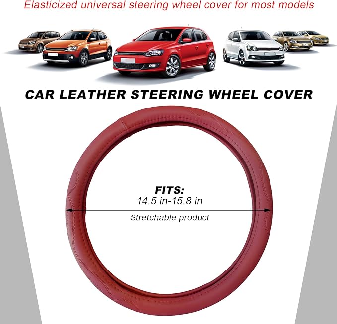 15 Inch Leather Steering Wheel Cover, Breathable Anti-Slip Steering Wheel Protector Cover, Elastic Soft Comfortable Universal Wheel Cover for Men and Women, Car Accessories (Wine Red)
