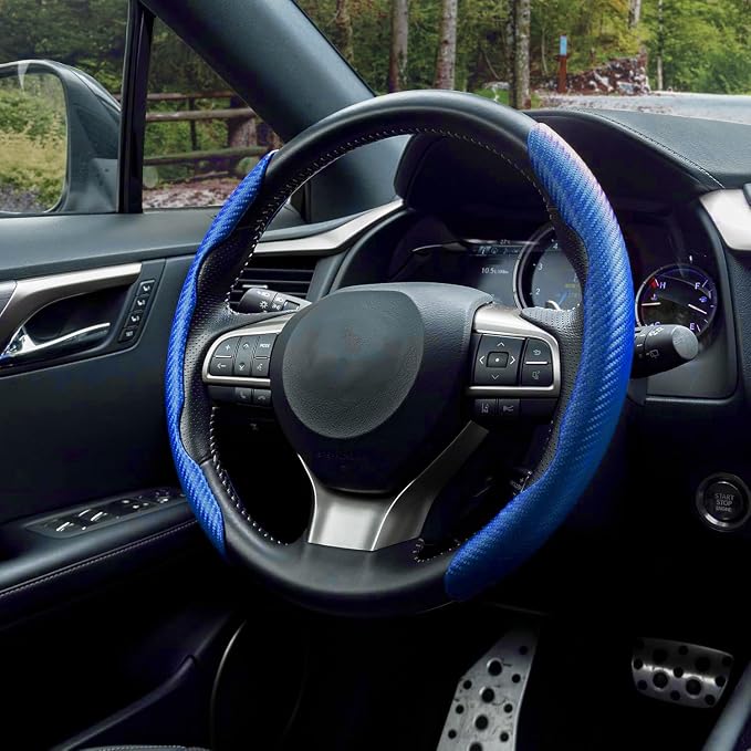 Amiss 2pcs Carbon Fiber Anti-Skid Steering Wheel Cover, Waterproof & Segmented Butterfly Design, Universal 99% Vehicle Wheel Cover Protector, Car Interior Accessories (Blue-2pcs)