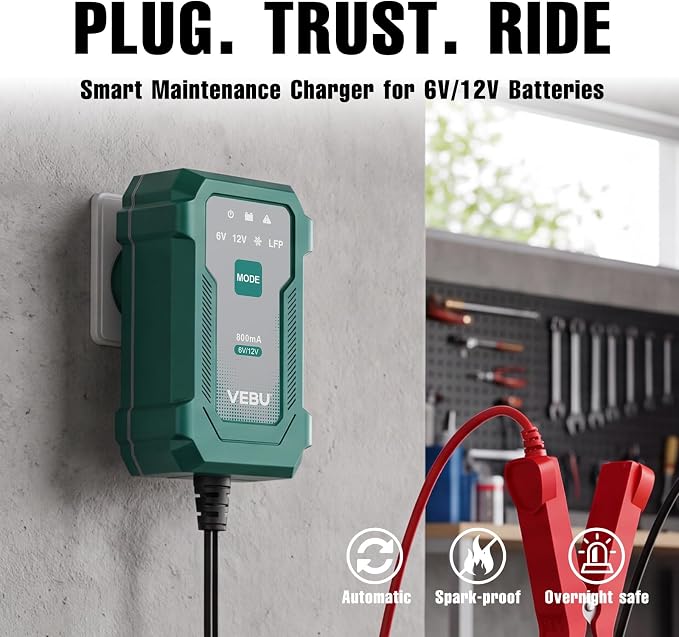 Motorcycle Trickle Charger 800mA Smart Battery Charger & Maintainer - Automatic for 6V/12V Lead Acid/Lithium Batteries, Plug & Play for Car Motorcycle Boat RV