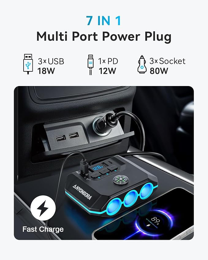 Anyongora 7-in-1 Cigarette Lighter Splitter, 120W Car Charger Adapter with 3 Sockets & Independent Switches, 4 USB Ports (USB-A/USB-C), LED Voltage Display, UL Certified, Built-in Fuse + Spare Fuse