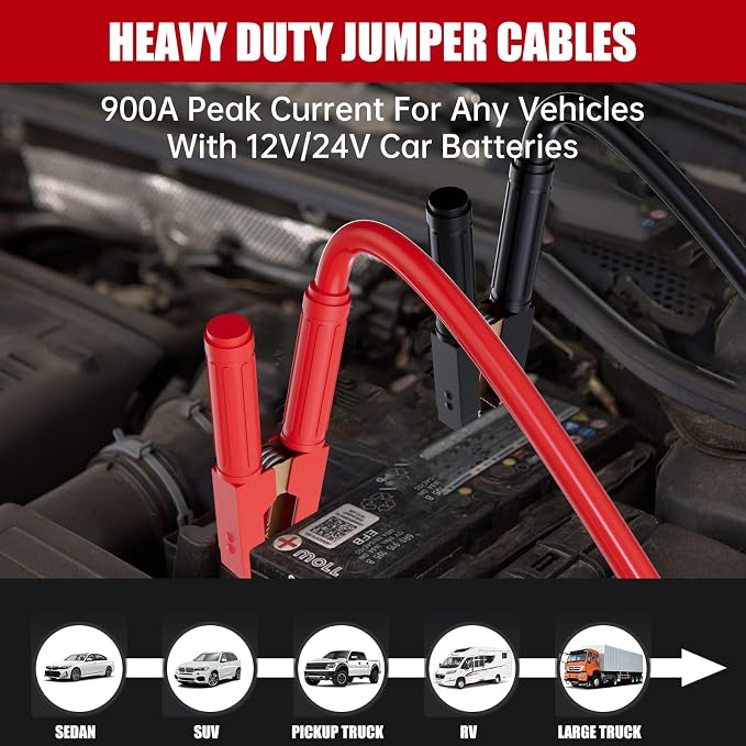 Heavy Duty Jumper Cables for Car Battery, 1 Gauge 30 Feet 900AMP Quick Connect Booster for Jump Starting Dead or Weak Batteries, Suitable for 8L Gas & 6L Diesel, Carrying Bag Included