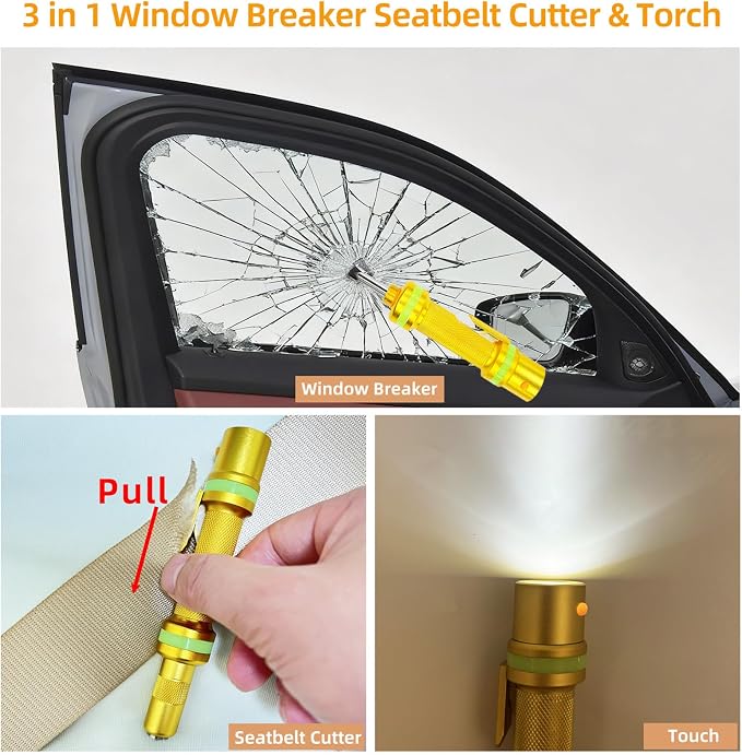 2026 Upgraded 3-in-1 Window Breaker Seatbelt Cutter & Flashlight, Glass Breaker, All-Metal Window Breaker - 0.75 inch Tungsten Steel Hammer Tip Can Shatter Tempered Glass (Gold)