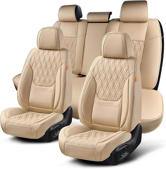 Car Seat Covers Full Set, Breathable Leather Automotive Front and Rear Seat Covers, Car Seat Protectors Full Set,Universal Automotive Vehicle Seat Cover for Most Sedan SUV Pick-up Trucks, Beige
