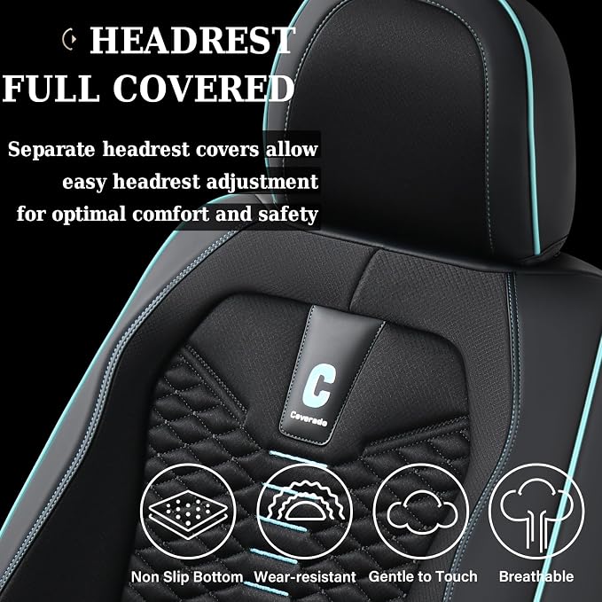 Coverado Car Seat Covers Full Set, 5 Seats Universal Seat Covers for Cars, Breathable Fabric Faux Leather Auto Seat Cushions, Front and Rear Seat Protectors Fit for Most Cars, Black& Blueline