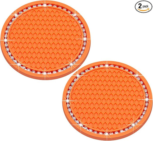 2PCS Bling Cup Holder Coaster, 2.75 Inch Auto Car Cup Holder Insert Coasters, Soft Silicone Anti-Slip Shockproof, Universal Vehicle Interior Accessories for Women Girls (Orange & White)
