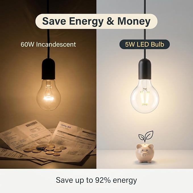 G25 LED Globe Light Bulbs, 60W Equivalent 500 Lumens, E26 Base Dimmable 5000K Daylight, CRI 90+ Edison Vanity Light Bulbs for Bathroom Mirror, Bedroom, Kitchen, Clear Glass, 6 Pack