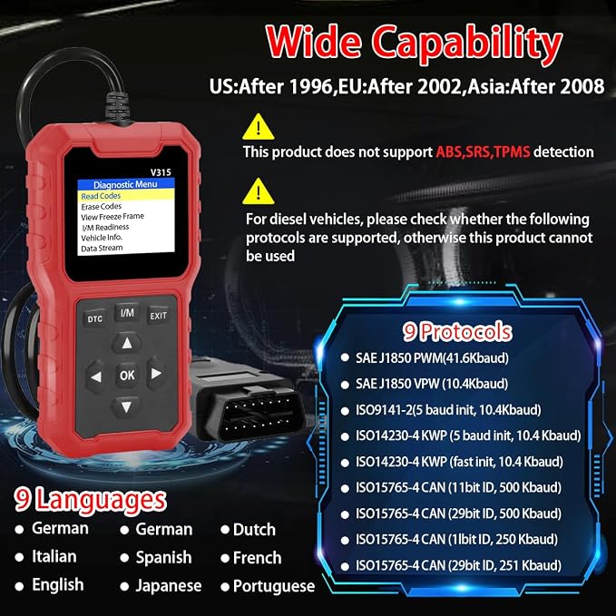 V315 OBD2 Diagnostic Diagnostic Tool Tool, Code Reader, Engine Light Diagnostic Tool, Battery Voltage Tester, for OBD2 Cars & Trucks Since 1996