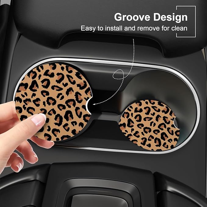 Ceramic Car Coasters – Absorbent Car Cup Holder Coaster Set for Women, Cute Aesthetic Car Accessories for Girls, 2 Pack (Chocolate Brown)