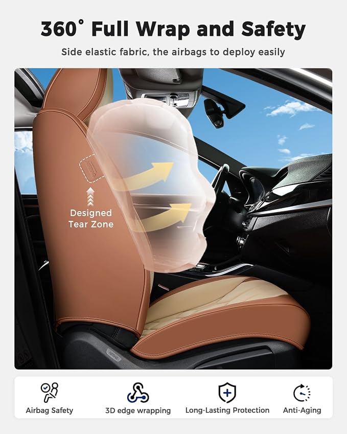 Huidasource Car Seat Covers, Universal Fit for Cars SUV Truck, Brown&Beige | Full Coverage Leather Seat Cover, Airbag, Cupholder Compatible, Seat Function Retain, Easy Install with Velcro