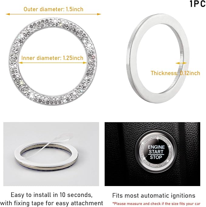 Kewucn Bling Crystal Double Rhinestone Car Engine Start Decoration Ring, Sparkling Push Start Button Sticker, Key Ignition & Knob Ring Decoration, Bling Car Interior Accessory(White)