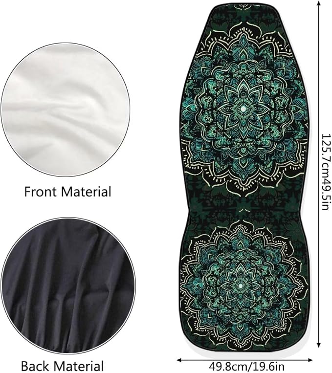 Boho Front Seat Covers for Cars, Set of 2 Green Mandala Bucket Seat Covers, Soft Breathable Polyester Seat Protectors for SUV, Truck and Sedan
