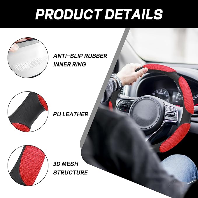 Wuyaoyao Car Steering Wheel Cover, 15 Inch PU Leather Anti-Slip Steering Wheel Covers Protector with Soft Hand Pad Cushion, Breathable & Comfortable, Universal Interior Car Accessories (Red)