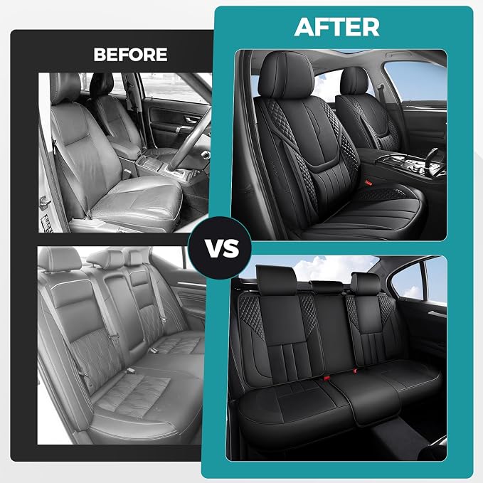 Universal Car Seat Covers for SUVs Sedans Trucks Black | universal fit, faux leather, waterproof, breathable, stain/scratch resistant, airbag compatible, anti-slip, easy install