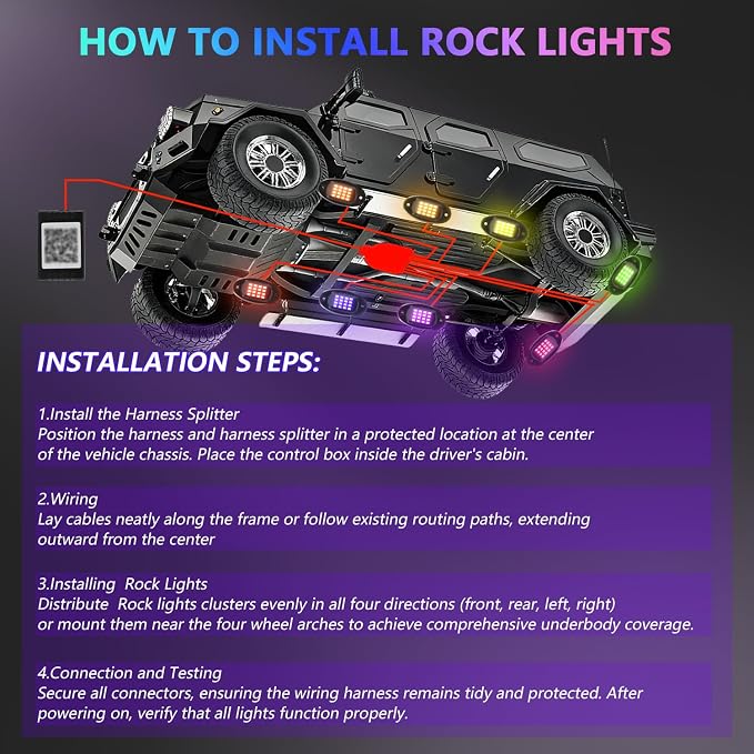 MONDEVIEW 8 Pods RGB LED Rock Lights for Jeeps Trucks Golf Carts & UTVs, Waterproof Underglow Kit with APP Control, Music Mode, 12V Underbody Neon Lights for Cars, ATV, RZR, SUV, Offroad Vehicles