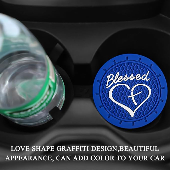 KVAEY 2 PCS Car Cup Holder Coasters, 2.76 Inch Anti Slip Vehicle Drink Mats with Cute Blessed Cross and Heart, Shockproof, Universal Car Accessories (Blue, 2 PCS)
