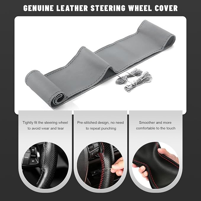 Genuine Leather Steering Wheel Cover, 15 Inch Stitch on Steering Wheel Protector with Needle & Thread, Anti-Slip DIY Sewing Wheels Wrap for Most Vehicles (Gray, Glossy)