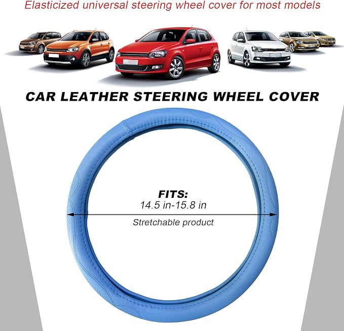 15 Inch Leather Steering Wheel Cover, Breathable Anti-Slip Steering Wheel Protector Cover, Elastic Soft Comfortable Universal Wheel Cover for Men and Women, Car Accessories (Blue)