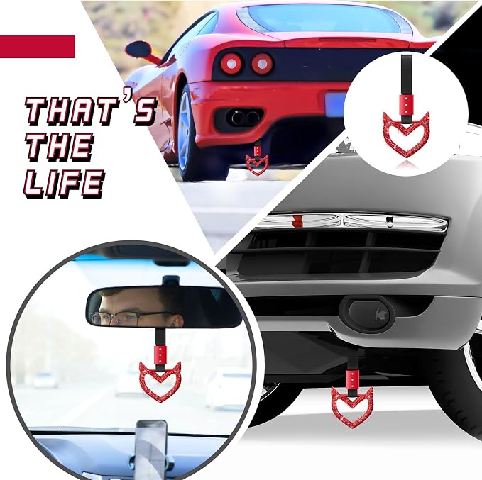Fabbay Bling Car Accessories Bling Heart Handle Ring Car Accessory for Women Heart Hand Strap Drift Charm Rear Bumper Warning Ring Decor for Auto Bus Interior Exterior Decoration (Red, Devil Style)