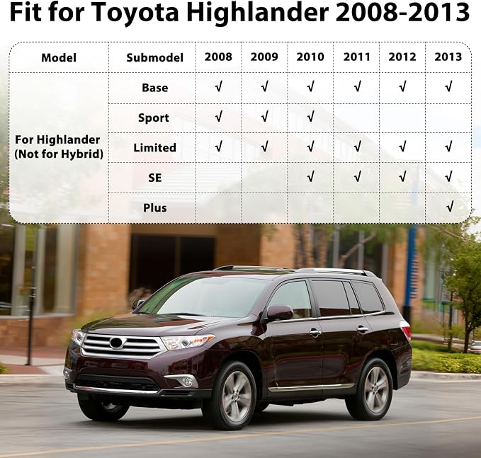 Floor Mats for Toyota Highlander 2008 2009 2010 2011 2012 2013 (Non Hybrid) | All Weather TPE Rubber Car Mats Custom Fit Waterproof Anti-Slip Car Liners Accessories for Front & Rear Row Mats