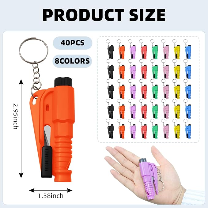 40 Pcs Car Window Breaker Key Chains, 3 in 1 Glass Breaker Seat Belt Cutter Survival Whistle Portable Safety Emergency Escape Tools Multifunctional Car Accessories, 8 Color