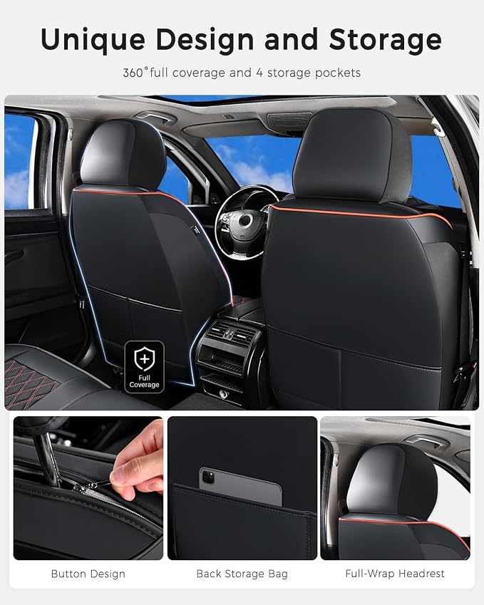 Huidasource Seat Covers, Car Seat Cover Nappa Leather Universal Fit for Most Cars, Vans, Trucks, SUVs, Compatible with Airbags, Child Seat, Car Seat Covers Velcro Adjustable (Full Set/Black&Red)