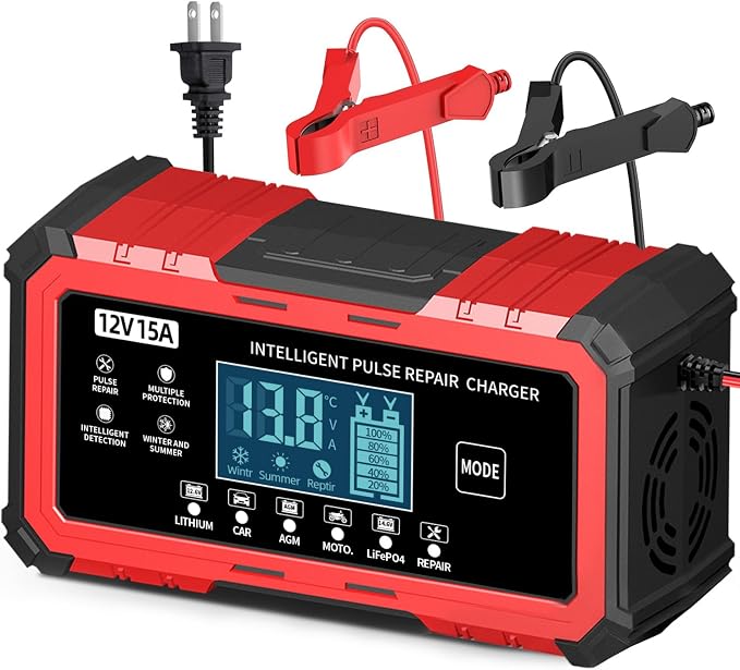 12V 15A Car Battery Charger - Smart Automatic Trickle Charger Battery Maintainer for Car Battery with Pulse Repair & LCD Display, Compatible with Lithium/CAR/AGM/Moto/LiFePO4 Batteries