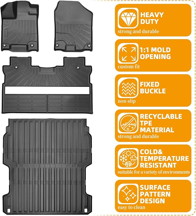 Floor Mats for Honda Ridgeline 2017 2018-2026, 1st & 2nd Row & Bed Liners | TPE Ridgeline Sport,RTL,Trail Sport,Black Edition, RTL-E Floor Mats, Non-Slip Waterproof Summer Winter