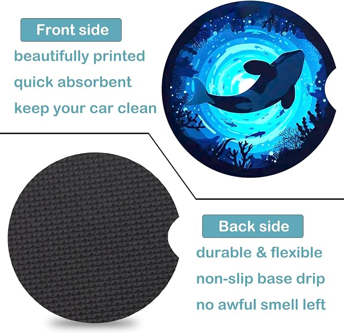 2 Pack Killer Whale Car Cup Holder Coasters Universal Neoprene Coasters | 2.75" Universal Size Anti Slip Rubber Mat, Auto Cup Holder Accessories for SUV Truck, Whale Gifts for Women Men Mom
