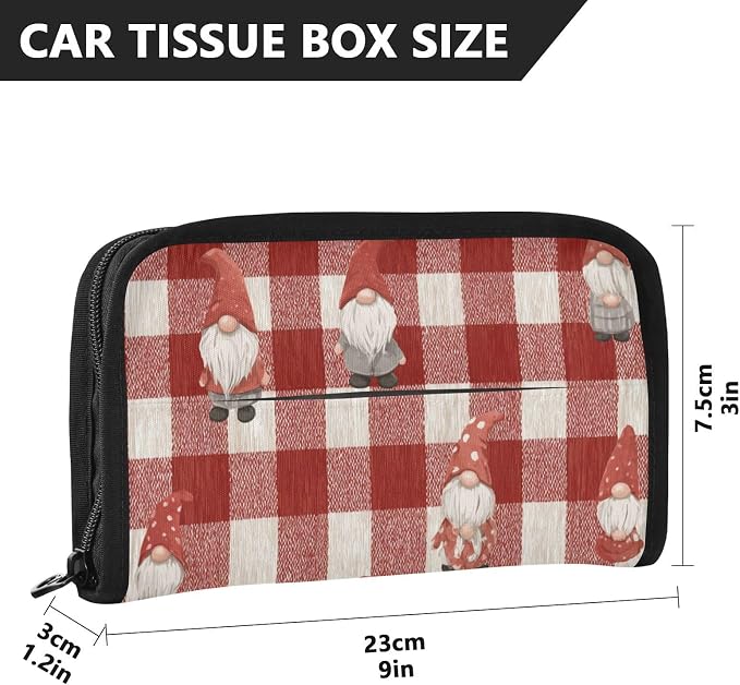 Car Visor Tissue Holder Mask Holder for Car, Car Tissue Box Sun Visor Napkin Holder Car Visor Accessories Adjustable Straps Reusable Durable Easy to Install Red Checkered Cute Gnome