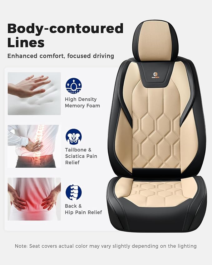 Huidasource Car Seat Covers, Universal Fit for Cars SUV Trucks, Black&Beige | Full Coverage Leather Seat Cover, Airbag, Cupholder Compatible, Seat Function Retain, Easy Install with Velcro
