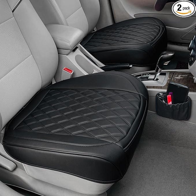 BEITK 2 Pack Leather Front Car Seat Cover, Anti-Slip and Full Wrap Driver Car Seat Protectors with Storage Pocket, Luxury Waterproof Bottom Auto Seat Cushion Pad Mat for Most Vehicles(Black)