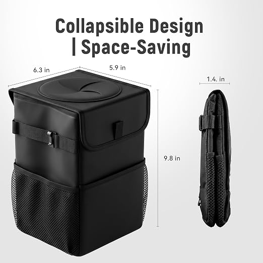Car Trash Can with Lid - 1.7 Gallon Waterproof Leak-Proof Car Garbage Bin, Oxford Fabric Collapsible Organizer with Storage Pockets, Adjustable Strap for Headrest for SUV Truck Sedan, Black