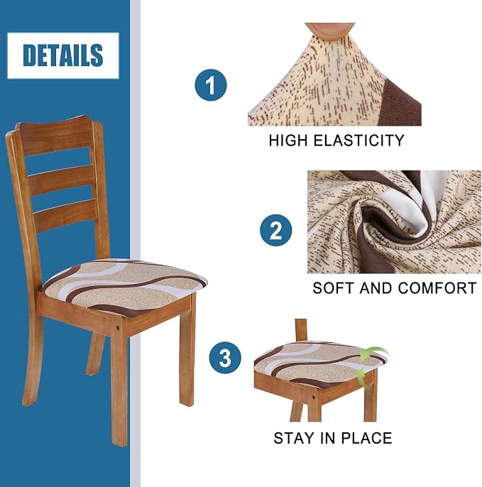 SearchI Seat Covers for Dining Room Chairs Stretch Printed Chair Seat Covers Set of 8, Removable Washable Upholstered Chair Seat Protector Cushion Slipcovers for Kitchen, Office(Beige)