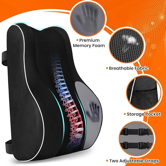 CloudBliss Ergonomic Lumbar Support Pillow – Memory Foam for Lower Back Pain Relief, Adjustable Straps & Mesh Cover for Office, Gaming, Car Seat & Home Essentials (Medium, Black)