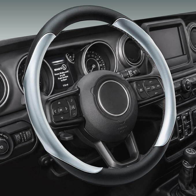Yangday Leather Steering Wheel Cover for Jeep Wrangler Grand Cherokee Compass, 14.5-15 inches Car Steering Wheel Cover with Non-Slip Breathable (Bright Silver)