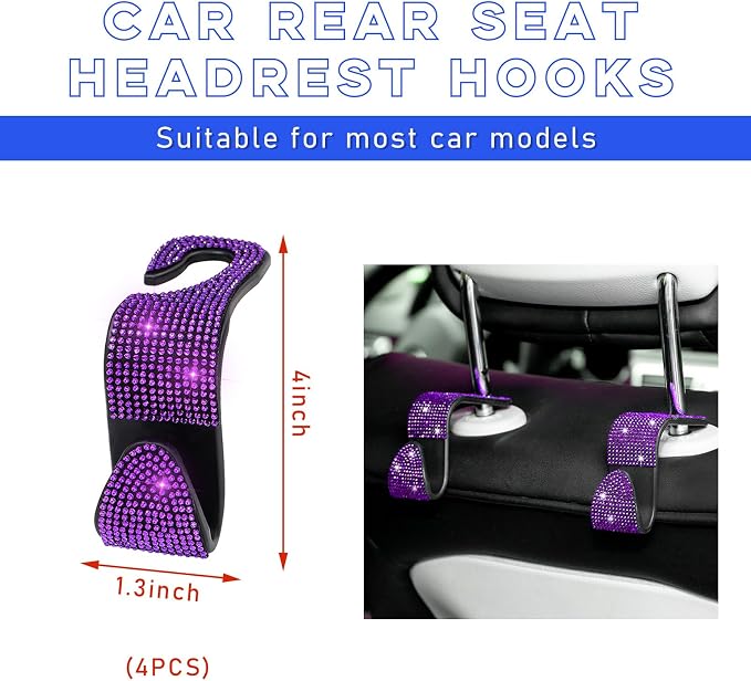 Ohleats 4 PCS Bling Car Seat Headrest Hooks, Crystal Rhinestone Back Seat Hanging Storage Organizer, Vehicle Seat Hanger Holder for Purse Handbag Coat, Interior Car Accessories (Purple)