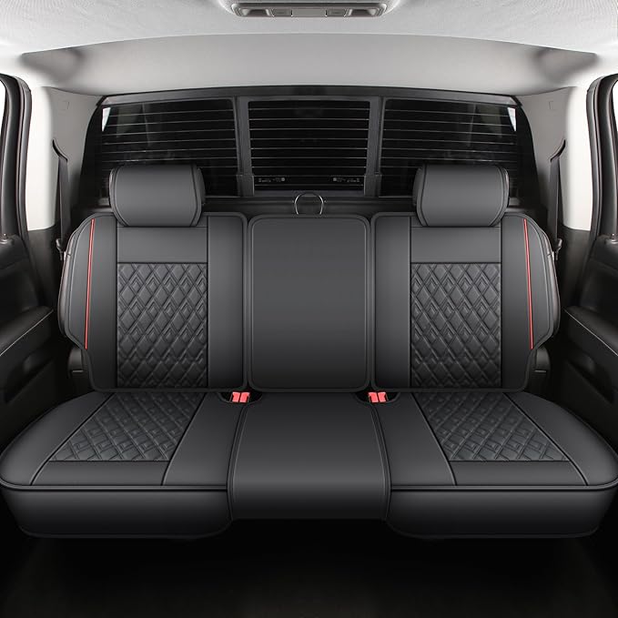JOJOBAY Chevy Silverado Seat Covers,Leather Seat Covers for GMC Sierra,Custom Fit 2007-2026 1500 2500HD 3500HD Crew Double Extended Regular Cab,LT LZT RST Trail Boss(Full Set,Black Red)